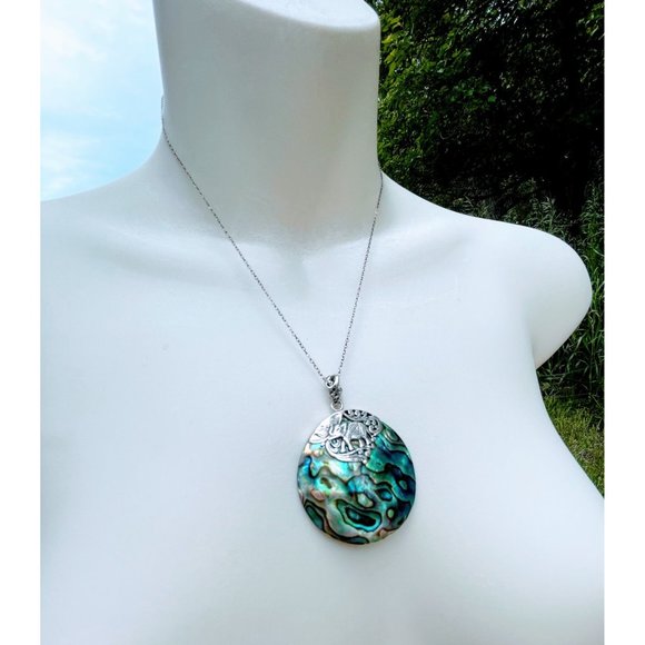 Vintage Abalone Shell Pendant 925 Silver With Elephant BOHO - Picture 8 of 9